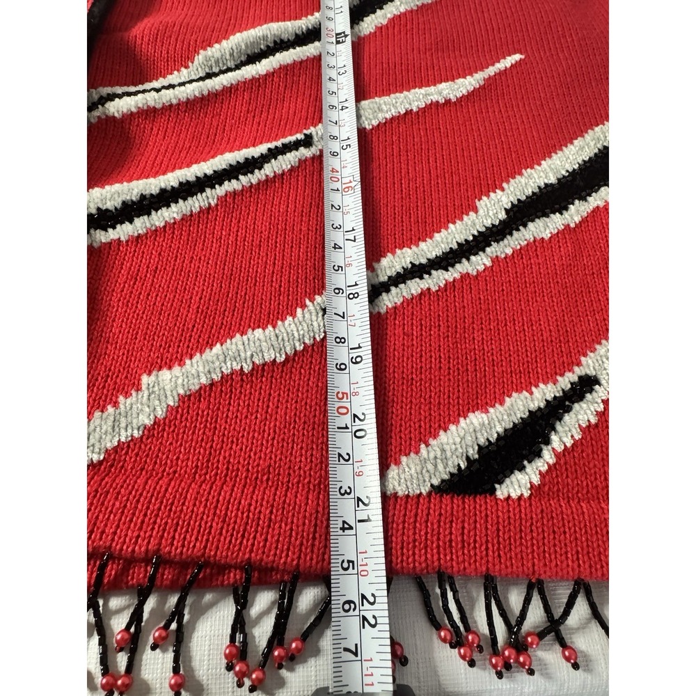 VTG Berek Beaded Fringe Cardigan Sweater XL -Red Black Gray Zebra Stripe NOS NWT - Picture 15 of 16